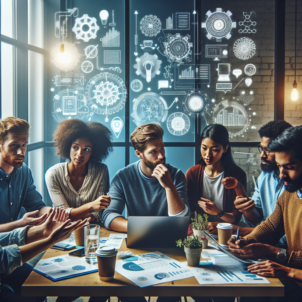 A professional team working on product development mentoring for startups solutions in a modern office environment with natur